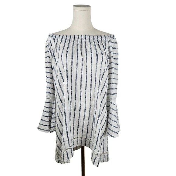 Ali Miles Striped Top Large Off-Shoulder White Navy Bell Sleeve Boho - Picture 1 of 11